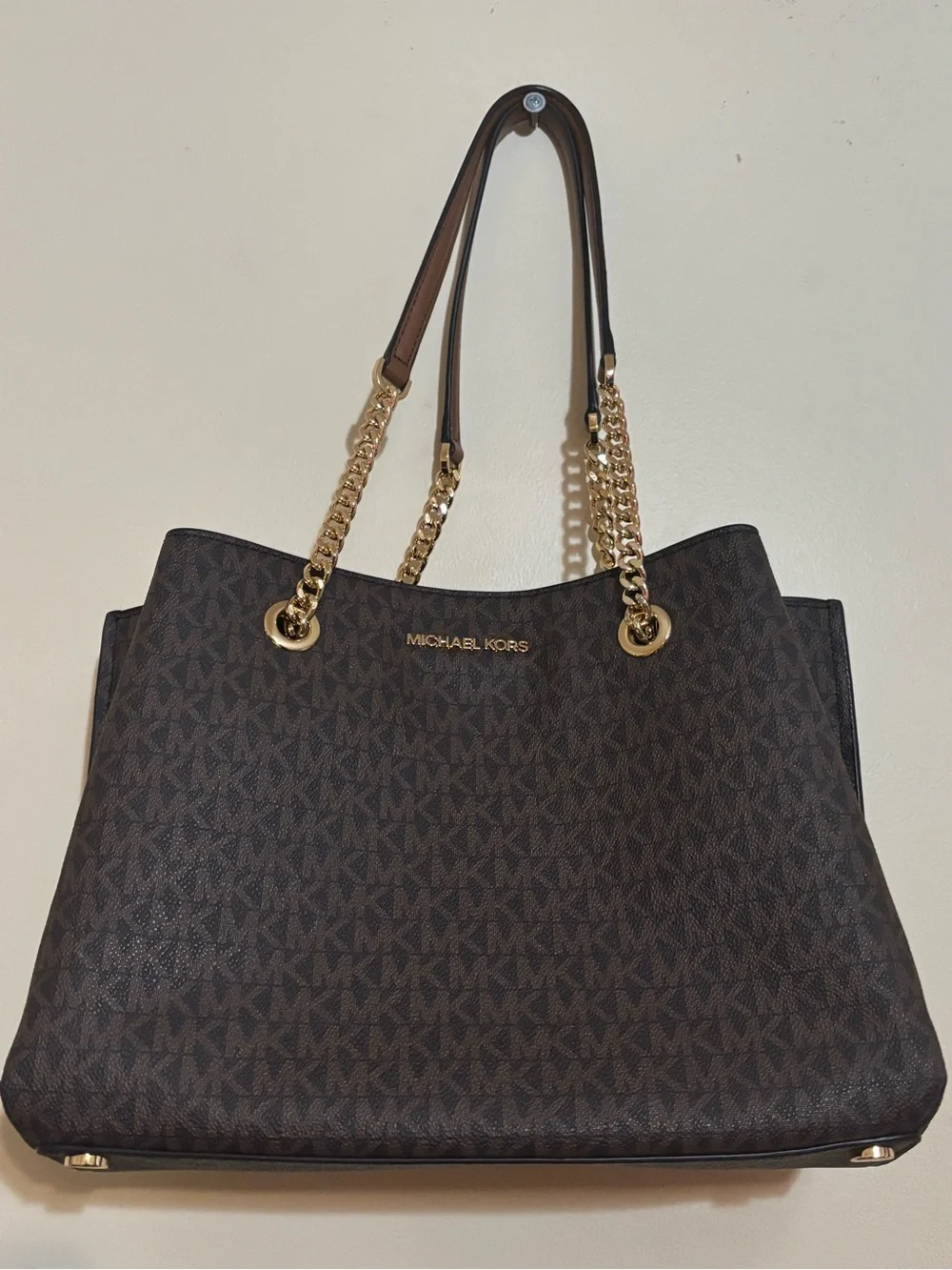 Michael Kors Dark Brown MK Logo Tote with Gold Hardware